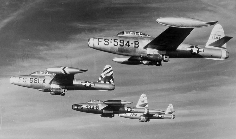 US Air Force F-84E Thunderjets from the 474th Fighter-Bomber Wing over Korea in 1952 (US Air Force)
